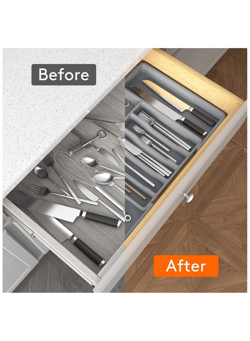 Silverware Drawer Organizer, Expandable Utensil Tray for Kitchen, Adjustable Flatware and Cutlery Holder, Compact Plastic Storage for Spoons Forks Knives, Large, Safe Grade Finis - Image 4