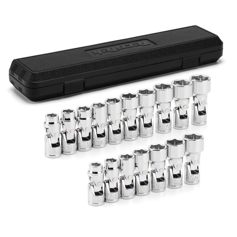 TecoTek 17-Piece 3/8-Inch Drive Universal Joint Socket Set, Swivel Socket Set, 6-Point, SAE (3/8" to 3/4") and Metric (10mm to 19mm), CR-V, Universal Flex Socket for Easier Access to Tight Spaces - Image 1