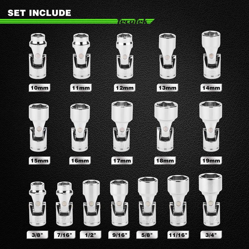 TecoTek 17-Piece 3/8-Inch Drive Universal Joint Socket Set, Swivel Socket Set, 6-Point, SAE (3/8" to 3/4") and Metric (10mm to 19mm), CR-V, Universal Flex Socket for Easier Access to Tight Spaces - Image 2