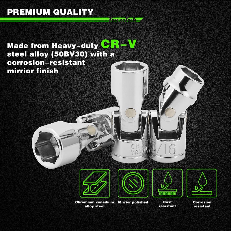 TecoTek 17-Piece 3/8-Inch Drive Universal Joint Socket Set, Swivel Socket Set, 6-Point, SAE (3/8" to 3/4") and Metric (10mm to 19mm), CR-V, Universal Flex Socket for Easier Access to Tight Spaces - Image 3