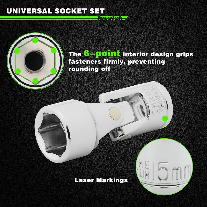TecoTek 17-Piece 3/8-Inch Drive Universal Joint Socket Set, Swivel Socket Set, 6-Point, SAE (3/8" to 3/4") and Metric (10mm to 19mm), CR-V, Universal Flex Socket for Easier Access to Tight Spaces - Image 4