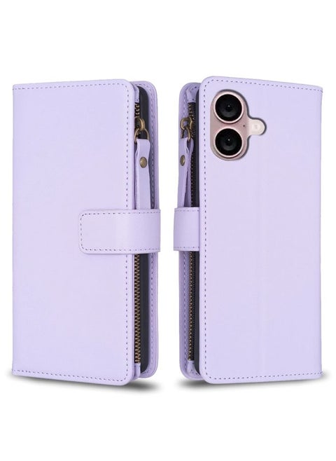 Case Cover For iPhone 16 Plus 9 Card Slots Zipper Wallet Leather Flip Phone Case(Light Purple)