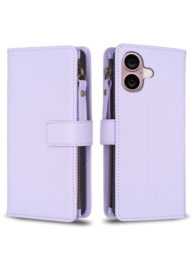 HuHa - Case Cover For iPhone 16 Plus 9 Card Slots Zipper Wallet Leather Flip Phone Case(Light Purple) - Image 1