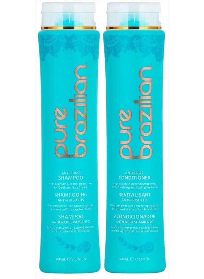 Pure Brazilian PURE BRAZILIAN Anti Frizz Daily Shampoo & Conditioner - Salt-Free & Color Safe Shampoo & Conditioner Enriched With Keratin, Argan Oil, and Acai (13.5 Ounce / 400 Milliliter)  - Image 1