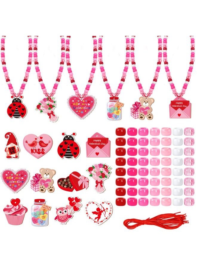 24 Set Valentine's Day Craft Kit, DIY Valentine Bead Necklaces Red Pink Heart Chocolate Ludy Bugs Crafts Gifts Classroom Activity Supplies Party Favor