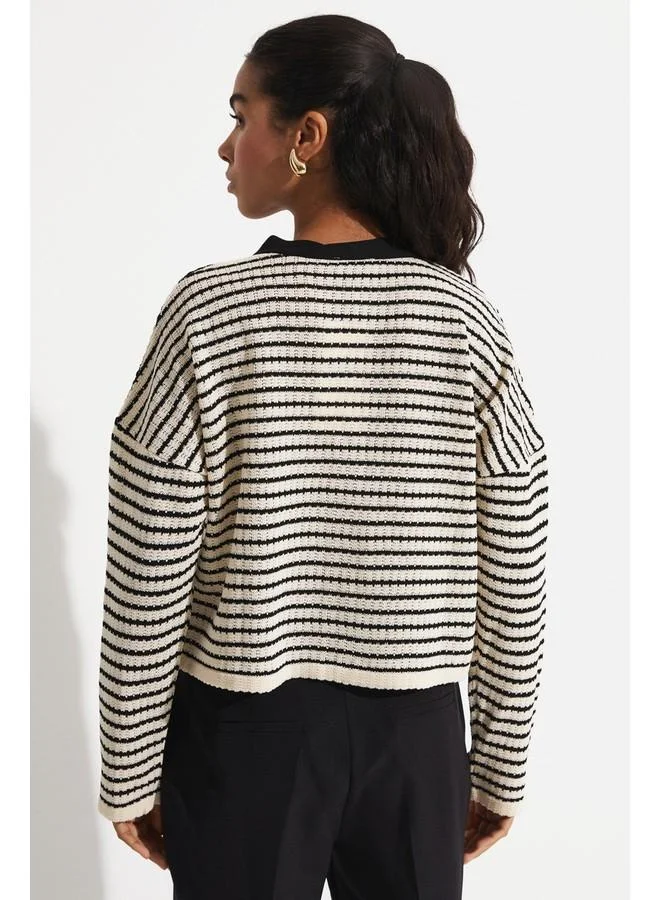 JUNE June Exclusive Striped Knitwear Cardigan Ecru