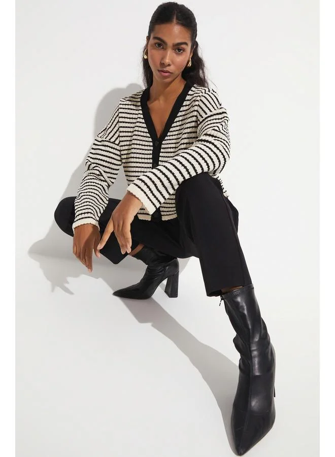 JUNE June Exclusive Striped Knitwear Cardigan Ecru