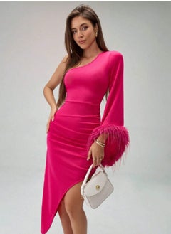 Shein SHEIN Raffinéa Women Elegant Solid Color Shoulder Flare Sleeve Patchwork Fluffy Pleated Fitted High Slit Dress  - Image 1