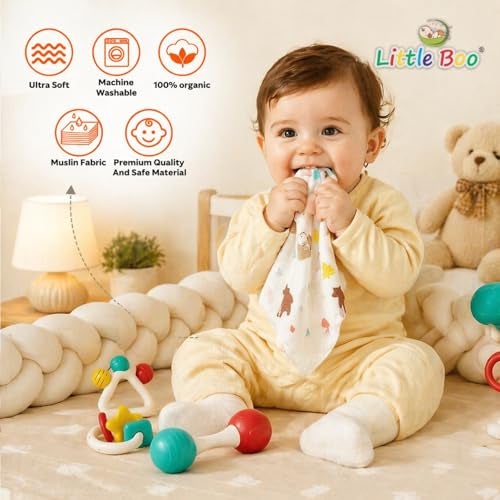 Little Boo Muslin Face Hankies/Towels for Newborn Baby Extra Soft Reusable Napkins for Infants Toddlers/Kids (Pack of 5) White Printed. - Image 4