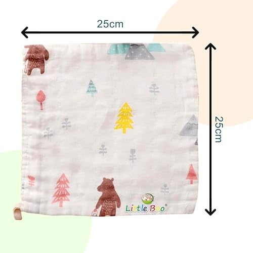 Little Boo Muslin Face Hankies/Towels for Newborn Baby Extra Soft Reusable Napkins for Infants Toddlers/Kids (Pack of 5) White Printed. - Image 5