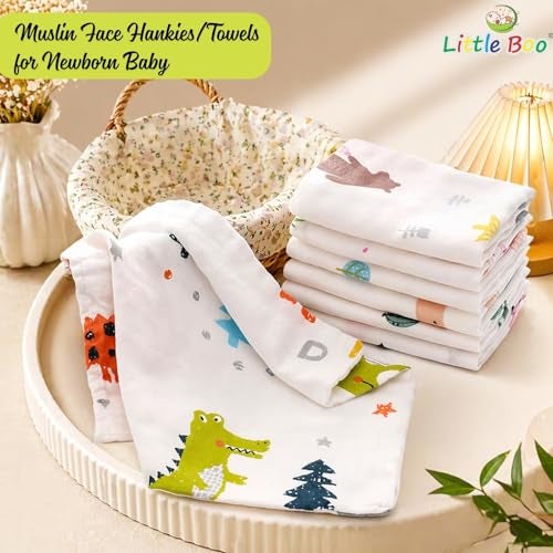 Little Boo Muslin Face Hankies/Towels for Newborn Baby Extra Soft Reusable Napkins for Infants Toddlers/Kids (Pack of 5) White Printed. - Image 2
