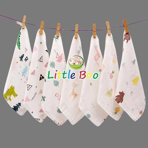 Little Boo Muslin Face Hankies/Towels for Newborn Baby Extra Soft Reusable Napkins for Infants Toddlers/Kids (Pack of 5) White Printed. - Image 1