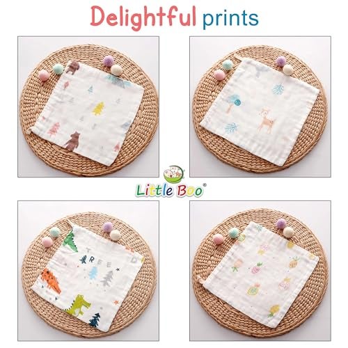 Little Boo Muslin Face Hankies/Towels for Newborn Baby Extra Soft Reusable Napkins for Infants Toddlers/Kids (Pack of 5) White Printed. - Image 3