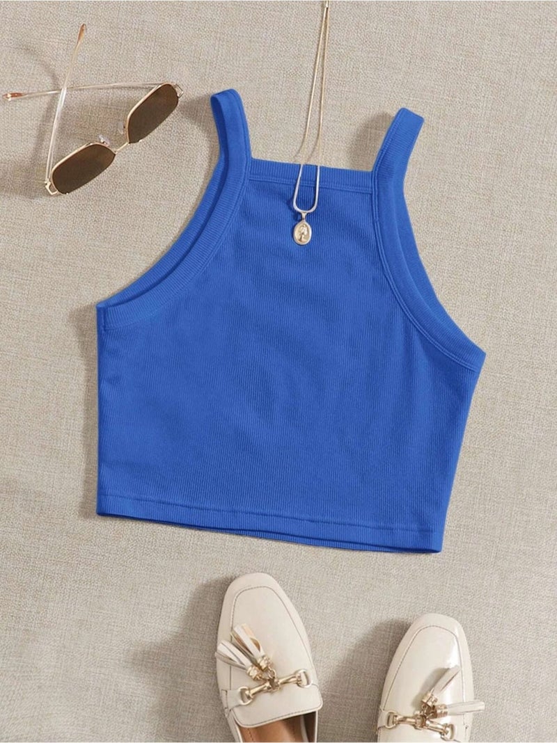 Liona Straight Neck Strap Blue Color Ribbed Crop Top Bustier - Image 1