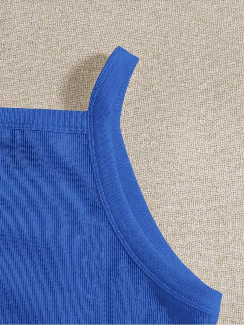 Liona Straight Neck Strap Blue Color Ribbed Crop Top Bustier - Image 3