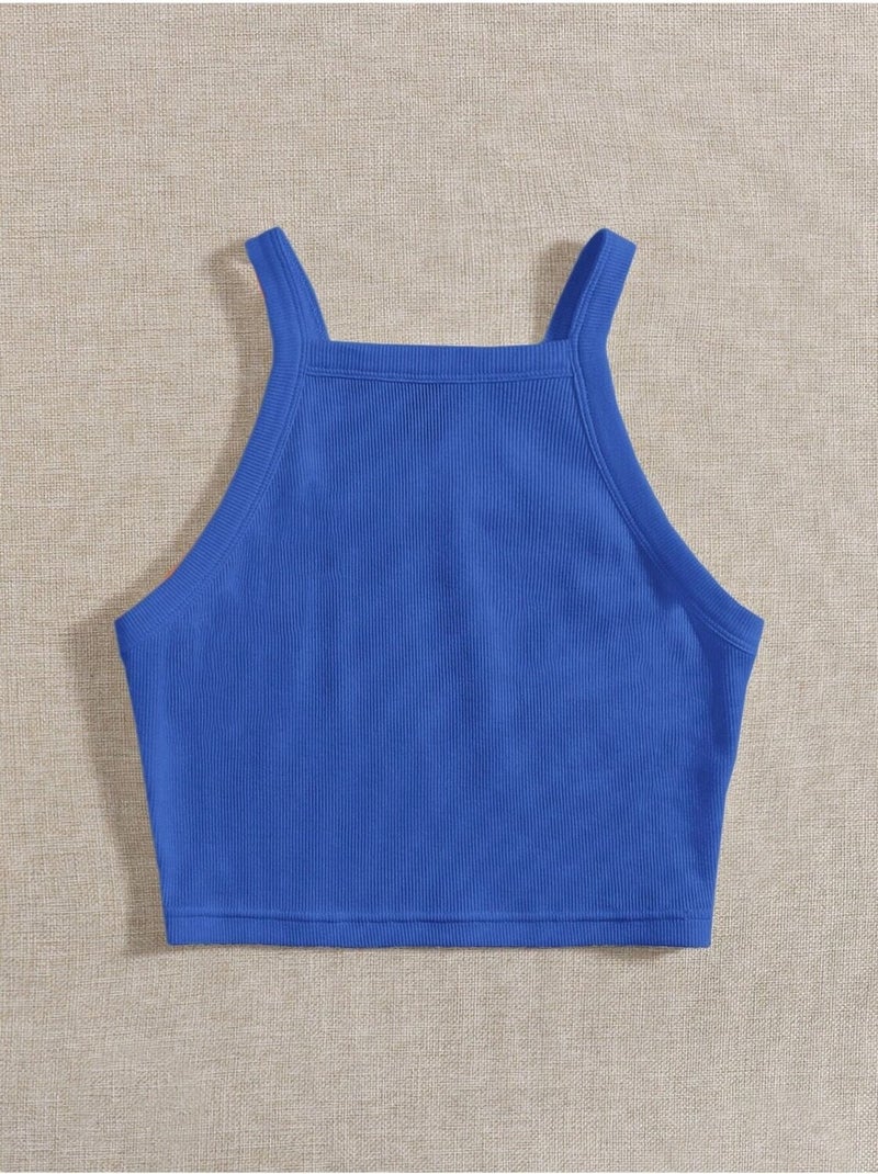 Liona Straight Neck Strap Blue Color Ribbed Crop Top Bustier - Image 2