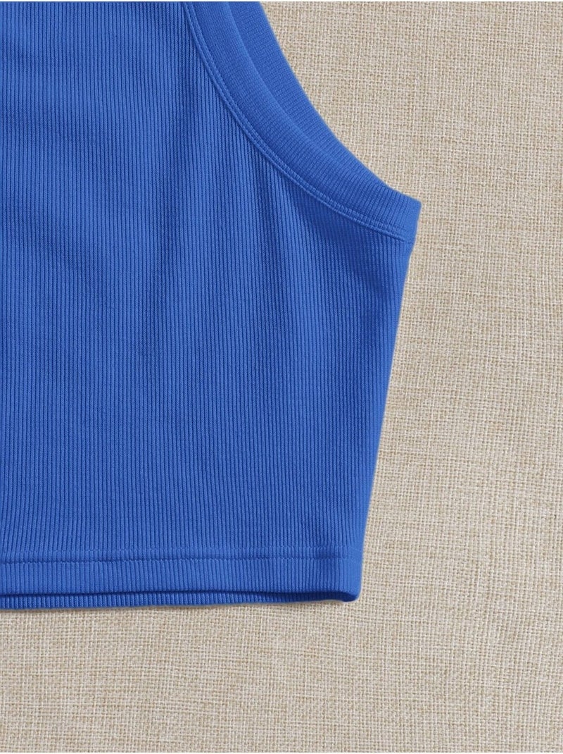 Liona Straight Neck Strap Blue Color Ribbed Crop Top Bustier - Image 4
