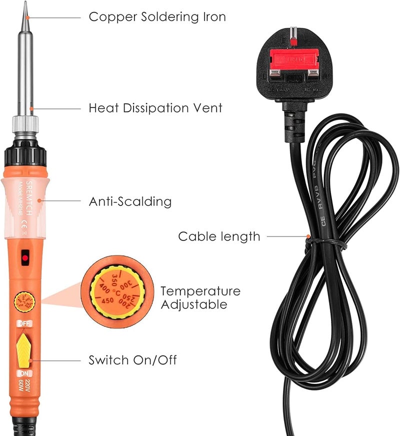 سيوسي مكواة لحام، طقم مكواة لحام 60 وات مع مقبض درجة حرارة قابل للتعديل (200-450 درجة مئوية)، أدوات لحام مع 5 رؤوس لحام، سلك لحام 17 جرام، حامل لحام للحام والإصلاح - Image 2
