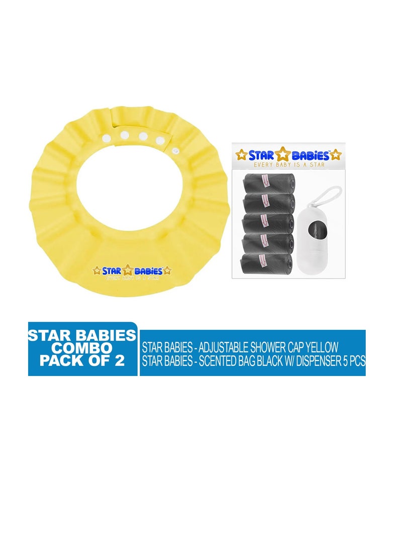 STAR BABiES Star Babies - Combo Pack of 2- Adjustable Shower Cap with Scented Bag (5 Pcs w/Dispenser) - Yellow/Black  - Image 2