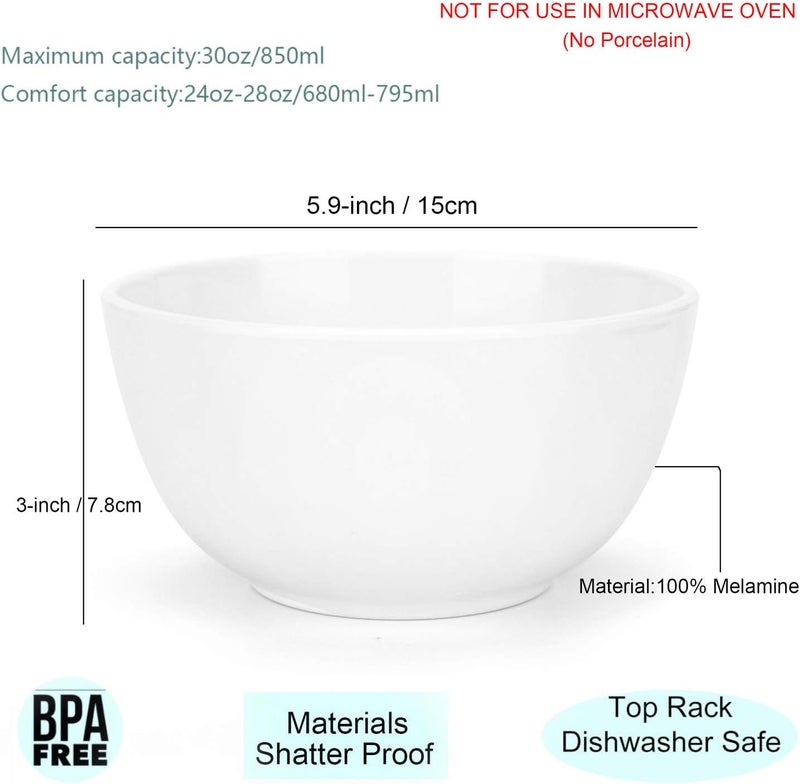 KX-WARE KXWARE Melamine Bowls with Lids set  28oz 6inch 100 Melamine CerealSoupSalad Bowls Set of 6 White  ShatterProof and ChipResistant Dishwasher Safe BPA Free - Image 2