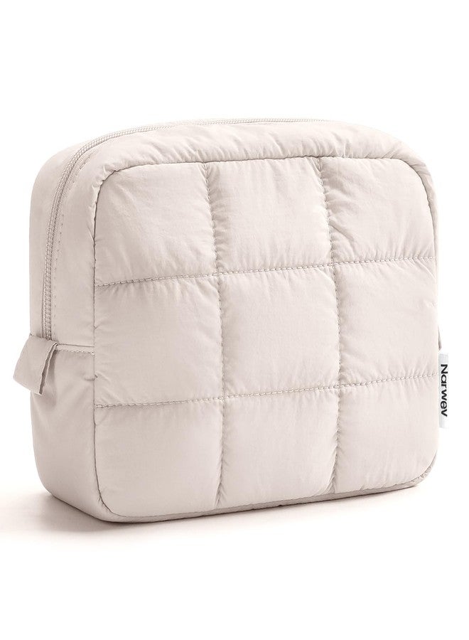 Narwey Puffer Travel Makeup Bag for Women Girl, Quilted Puffy Cosmetic Bag Make Up Bag Organizer, Cute Travel Toiletry Bag for Toiletries (Beige) - Image 1