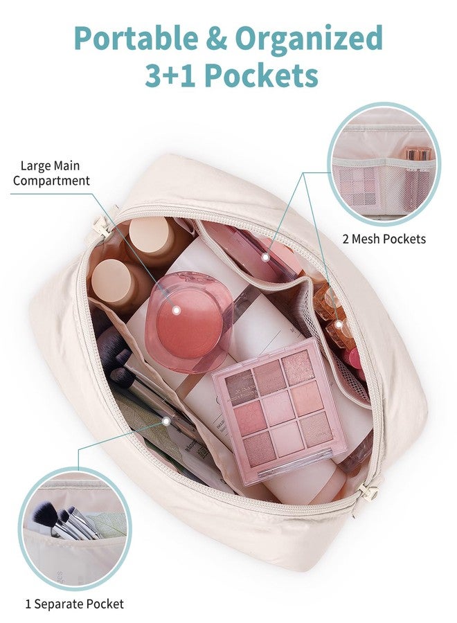 Narwey Puffer Travel Makeup Bag for Women Girl, Quilted Puffy Cosmetic Bag Make Up Bag Organizer, Cute Travel Toiletry Bag for Toiletries (Beige) - Image 3