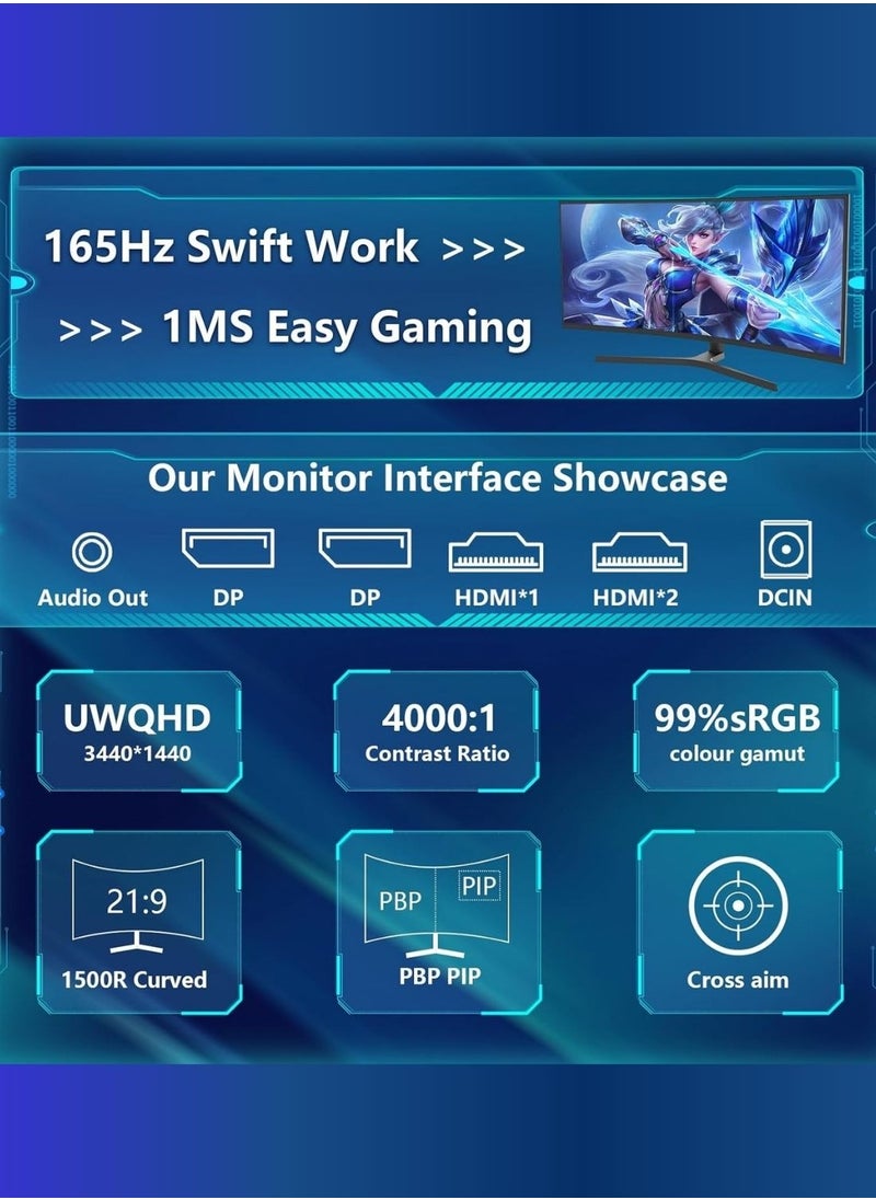 شاشة ألعاب منحنية فائقة الاتساع مقاس 34 بوصة، شاشة 1500RPC 165U wq HD 3440 صغيرة 1440، شاشة كمبيوتر منحنية مع مزامنة مجانية وقاعدة قابلة للتعديل متعددة الاتجاهات