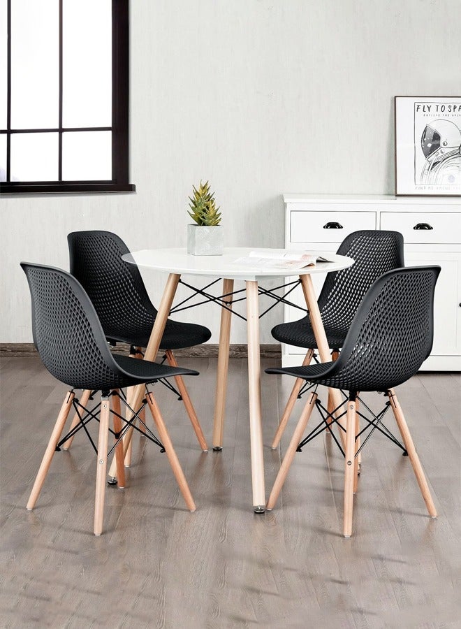 Taimi Set of 4 Modern Dining Chairs, Outdoor Indoor Shell PP Lounge Side Chairs with Mesh Design, Beech Wood Legs, Tulip Leisure Chairs, DSW Dining Chairs for Kitchen and Dining Room Black - Image 2
