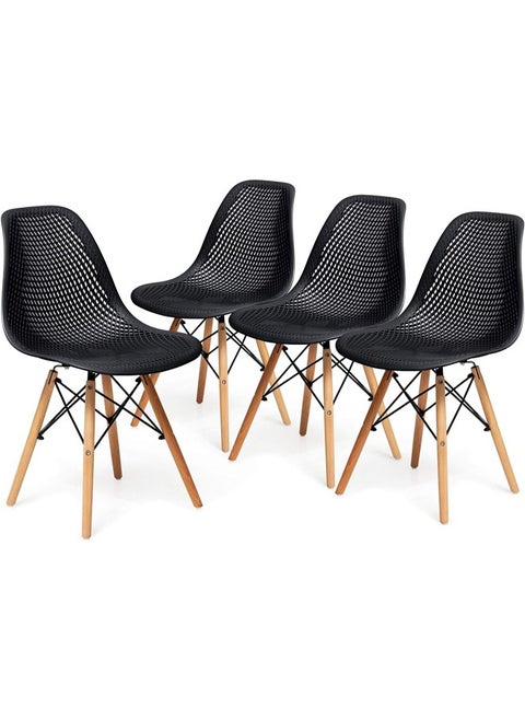 Set of 4 Modern Dining Chairs, Outdoor Indoor Shell PP Lounge Side Chairs with Mesh Design, Beech Wood Legs, Tulip Leisure Chairs, DSW Dining Chairs for Kitchen and Dining Room Black