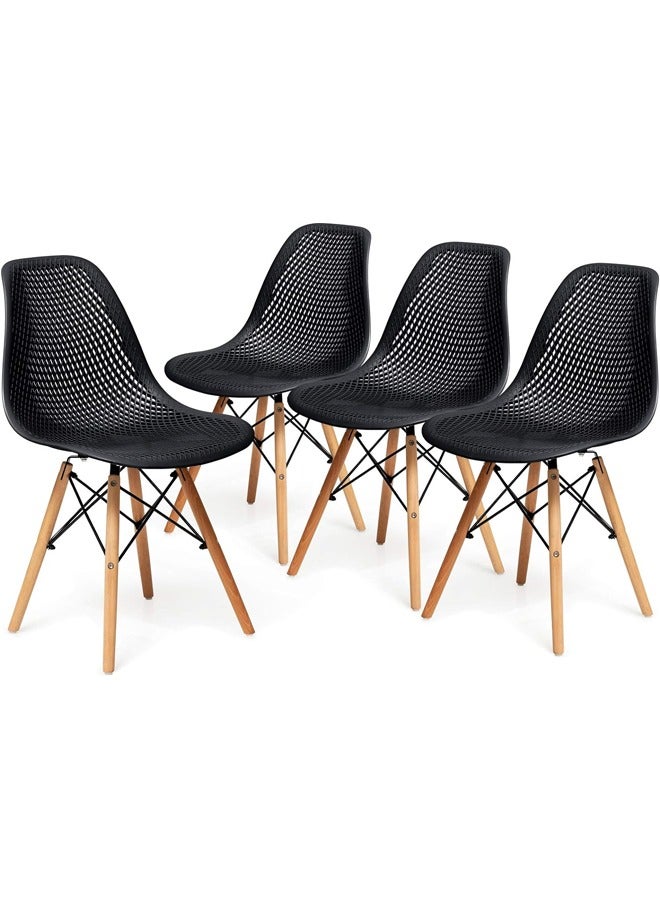 Taimi Set of 4 Modern Dining Chairs, Outdoor Indoor Shell PP Lounge Side Chairs with Mesh Design, Beech Wood Legs, Tulip Leisure Chairs, DSW Dining Chairs for Kitchen and Dining Room Black - Image 1