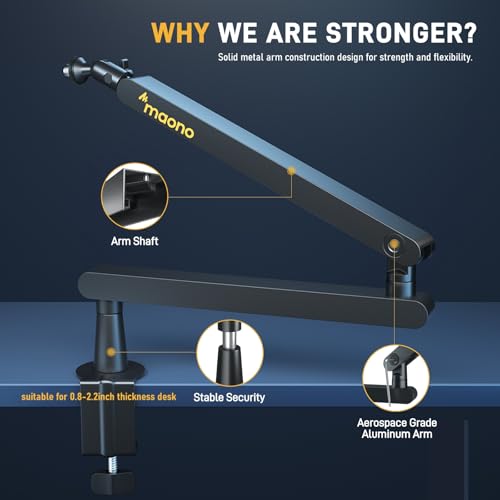MAONO Microphone Boom Arm Low Profile Mic Arm with Cable Management Channels Desk Mount Clamp Fully Adjustable Heavy Duty Mic Stand for Podcast Studio Streaming BA92 Black - Image 3