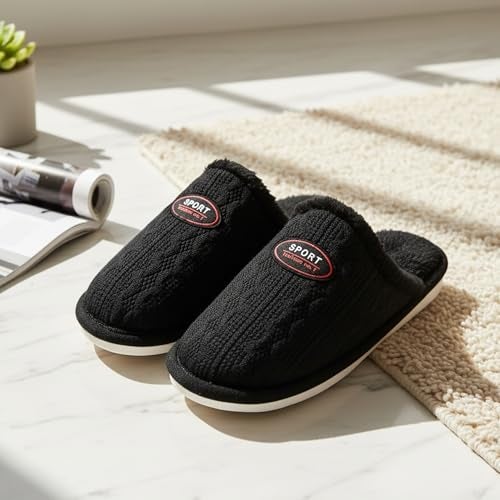 VRITRAZ Men’s Black Winter Plush Slippers | Soft Fur Lined Warm Indoor Slides | Comfortable Anti-Slip Home Footwear for Men | Cozy House Shoes (Black, Size 7) - Image 2