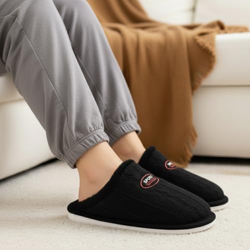 VRITRAZ Men’s Black Winter Plush Slippers | Soft Fur Lined Warm Indoor Slides | Comfortable Anti-Slip Home Footwear for Men | Cozy House Shoes (Black, Size 7) - Image 3