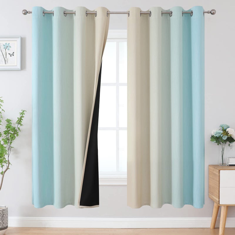 Estelar Textiler Full Room Darkening Gradient Blackout Curtains 72 Inch Length 2 Panels Set  Ombre Aqua and Beige Thermal Insulated Full Light Blocking Grommet Blackout Drapes for Bedroom  52Wx72L - Image 1