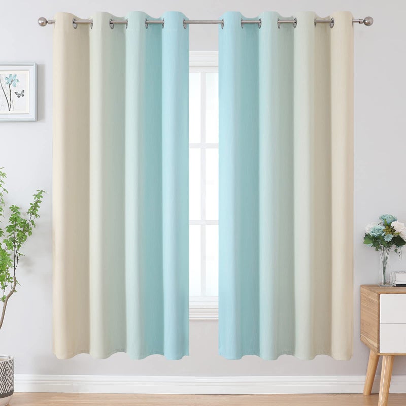 Estelar Textiler Full Room Darkening Gradient Blackout Curtains 72 Inch Length 2 Panels Set  Ombre Aqua and Beige Thermal Insulated Full Light Blocking Grommet Blackout Drapes for Bedroom  52Wx72L - Image 2