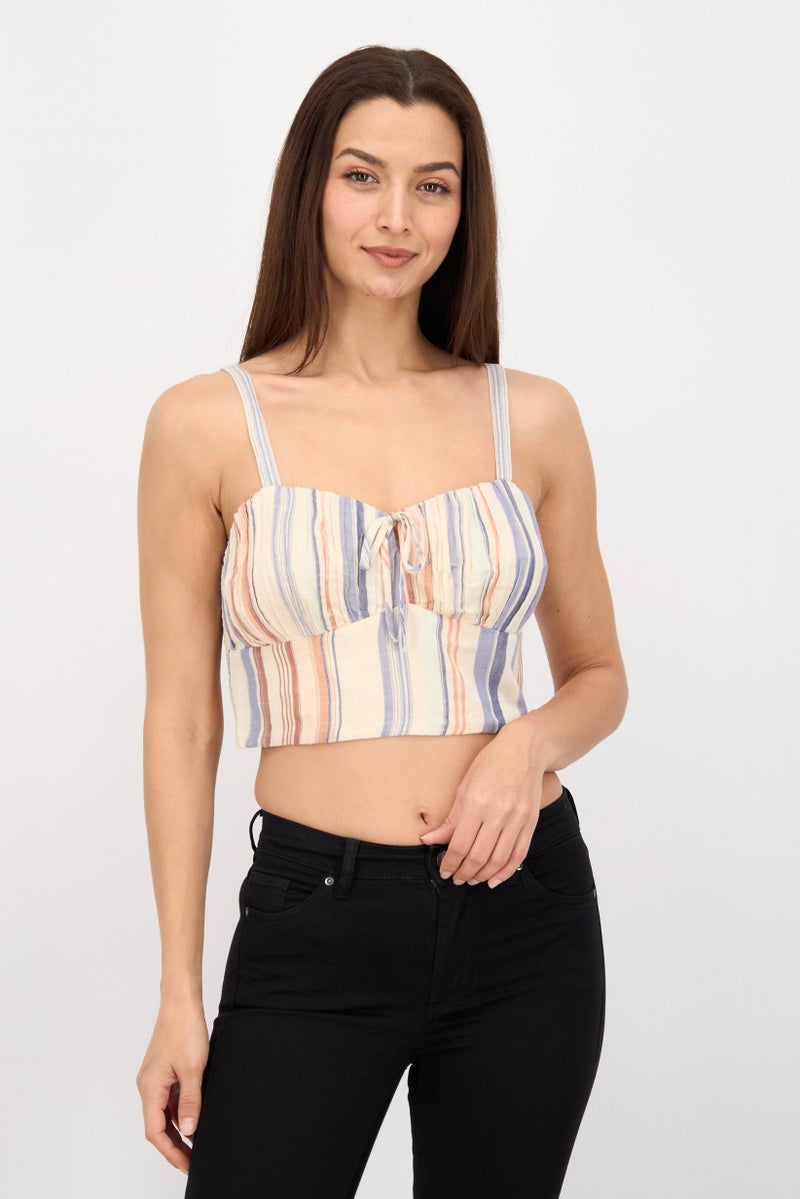 LUCKY BRAND بلوزة نسائية بدون أكمام بتصميم خطي مع رباط عند العنق، مزيج بيج - Image 1