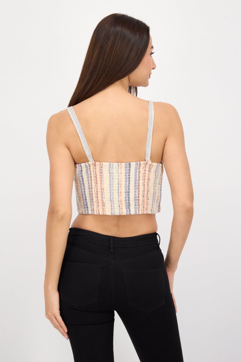 LUCKY BRAND بلوزة نسائية بدون أكمام بتصميم خطي مع رباط عند العنق، مزيج بيج - Image 3