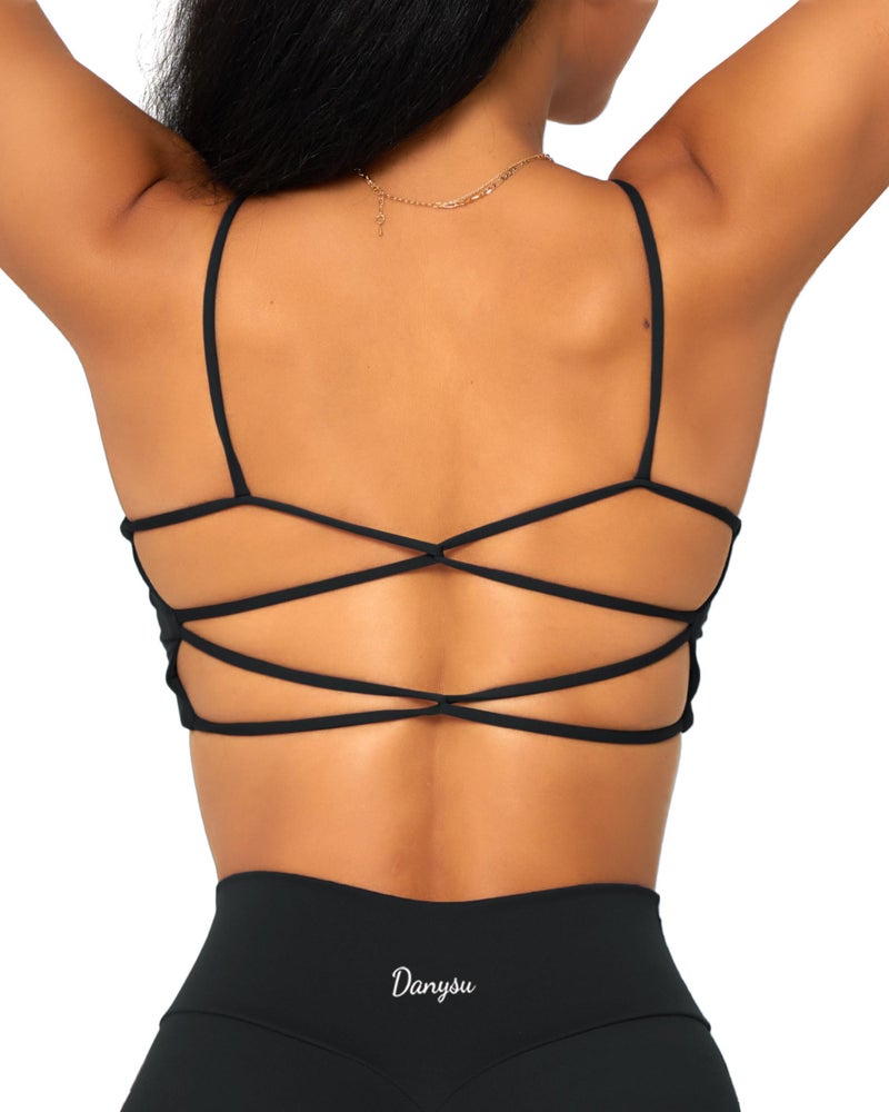 Danysu Womens Backless Sports Bra Open Back Workout Top Light Support Strappy Sport Bra Cute Gym Clothes Crisscross Black M - Image 1