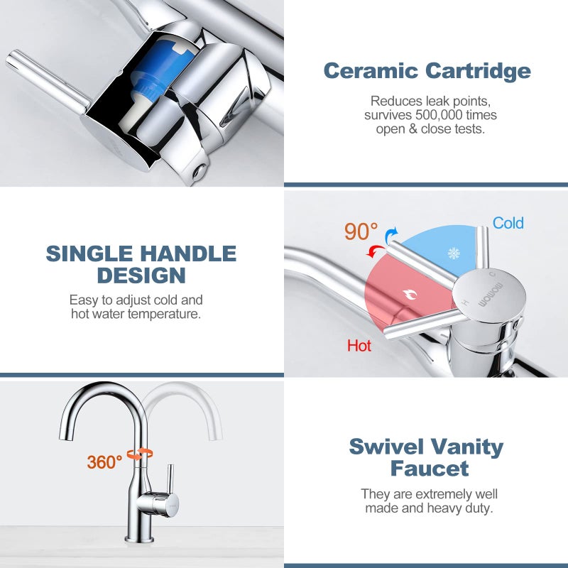 WOWOW Bar Sink Faucet Chrome Modern Single Handle Bar Faucet 1 Hole Small Kitchen Sink Faucet 360 Swivel RV Sink Faucets Mini Bar Tap with Water Supply Hoses - Image 4