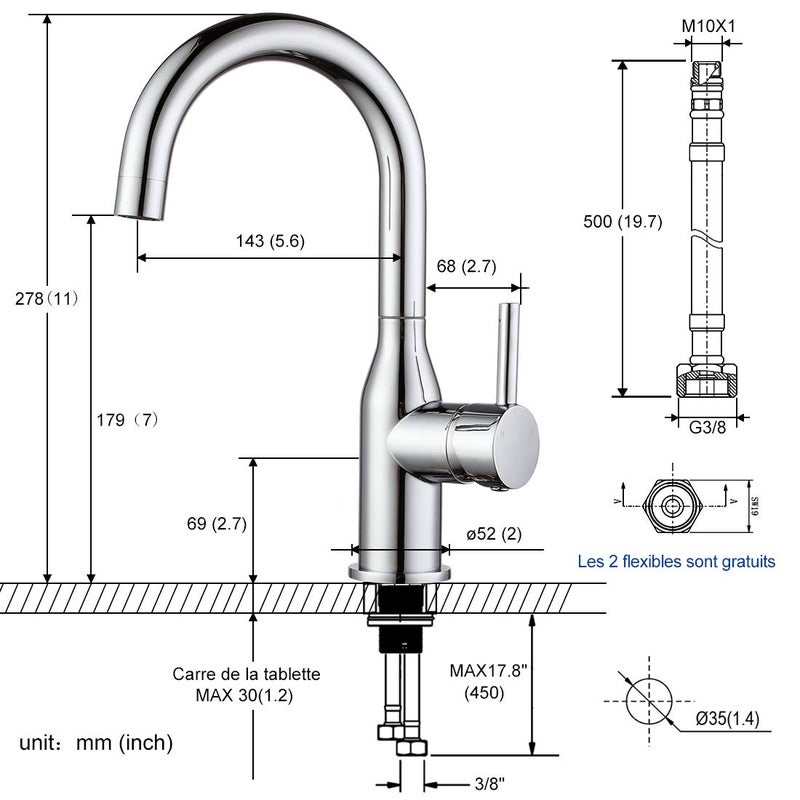 WOWOW Bar Sink Faucet Chrome Modern Single Handle Bar Faucet 1 Hole Small Kitchen Sink Faucet 360 Swivel RV Sink Faucets Mini Bar Tap with Water Supply Hoses - Image 5