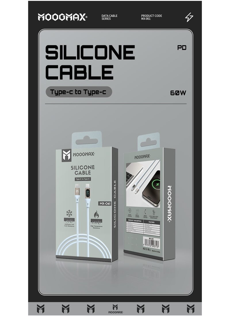 MOOGMAX - Type-C to Type-C Cable made of soft and strong silicon and digital display of charging watt Supports fast charging PD until 60W, 1M length, Compatible with Iphone 15 series, Samsung  and Huawei phones - Image 1