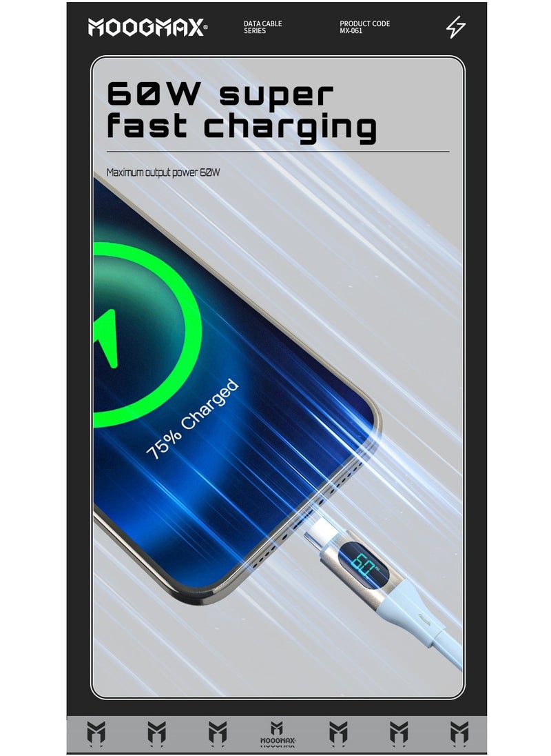 MOOGMAX - Type-C to Type-C Cable made of soft and strong silicon and digital display of charging watt Supports fast charging PD until 60W, 1M length, Compatible with Iphone 15 series, Samsung  and Huawei phones - Image 1