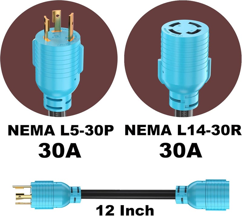CircleCord NEMA L5-30P to L14-30R Adapter Cord, 4 to 3 Prong Generator Transfer Switch Adapter, 30 Amp Generator Twist Lock 3 to 4 Prong House Inlet Box, STW 10 AWG Blue - Image 2