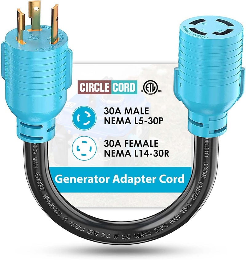 CircleCord NEMA L5-30P to L14-30R Adapter Cord, 4 to 3 Prong Generator Transfer Switch Adapter, 30 Amp Generator Twist Lock 3 to 4 Prong House Inlet Box, STW 10 AWG Blue - Image 1