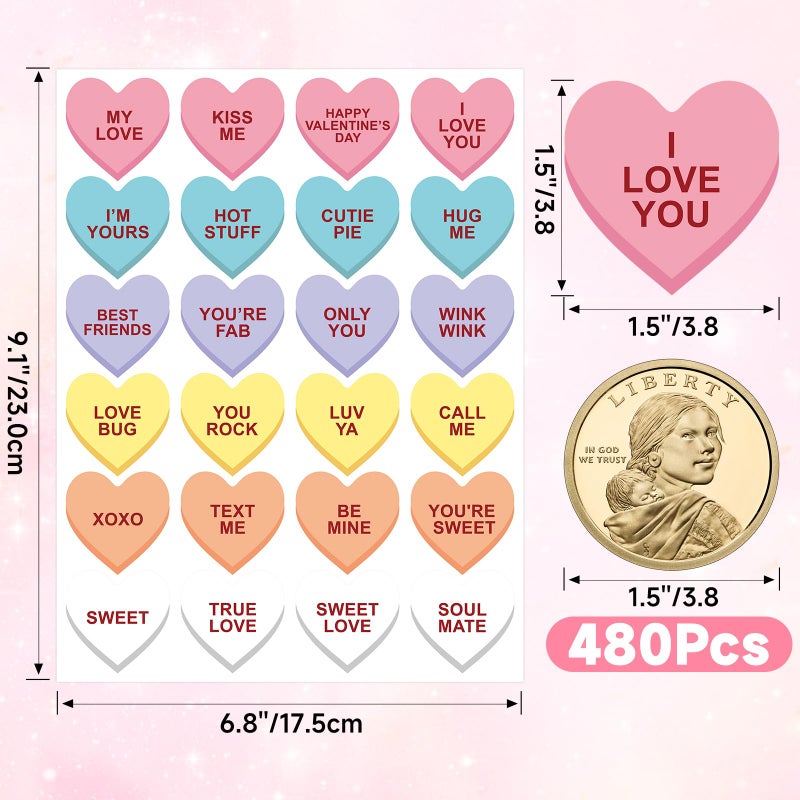 Anwyll Valentines Day Candy Heart Stickers Happy Valentines Day Conversation Heart Stickers 480Pcs 1.5Inch Colorful I Love You Sticker Self Adhesive Sweet Love Sticker for Envelope Seal Card Gift - Image 2