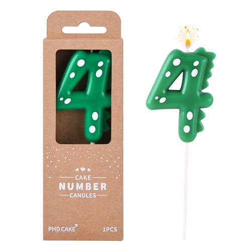 PHD CAKE 2.76 Inch Green Dinosaur 4 Number Birthday Candles, Dinosaur Number Candles, Party Celebration - Image 1