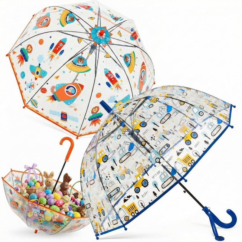 Fabbay 2 Pcs Umbrella Easter Basket Kids Clear Bubble Umbrellas Unicorn with Easy Grip Curved Handle Transparent Umbrella(Planet, Dozer) - Image 1