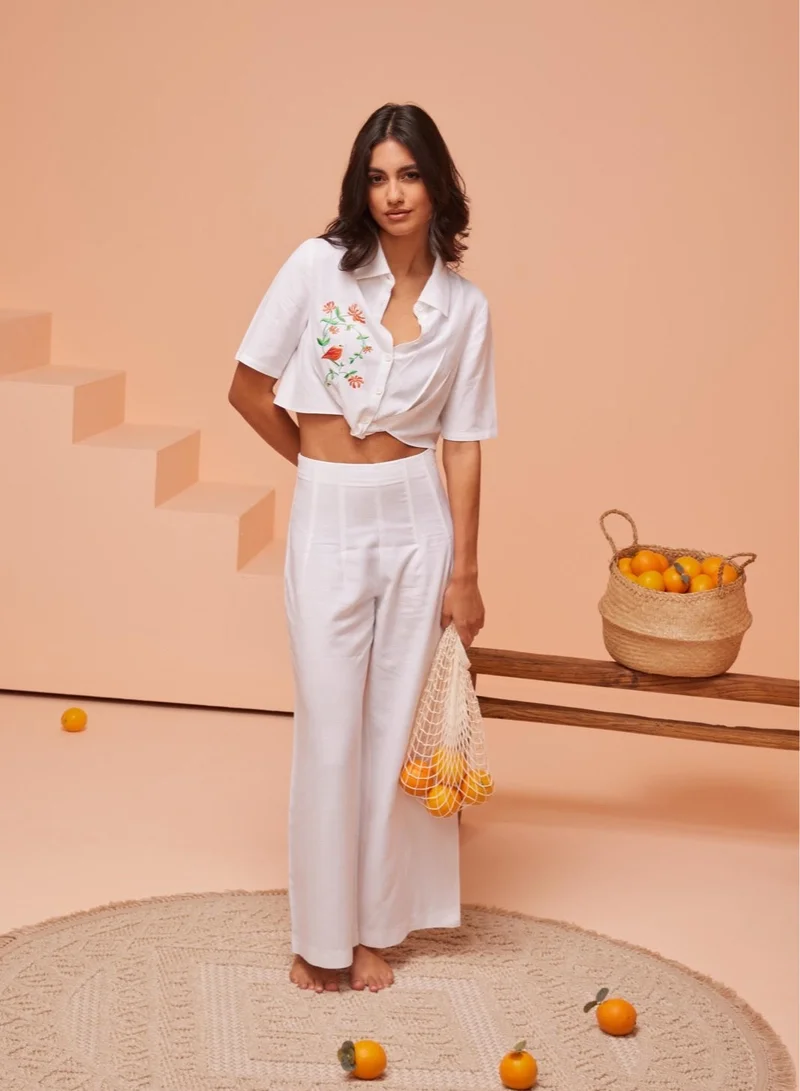 أشيتا فرنانديز Wide-Leg Ankle Pants with Natural Banded Waist &amp; Front Pleats