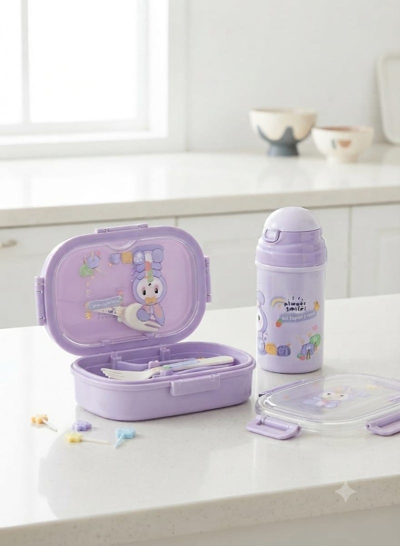 Children's lunchbox with water bottle (Mauve school lunchbox set with cute bunny design and eating utensils). - Image 1