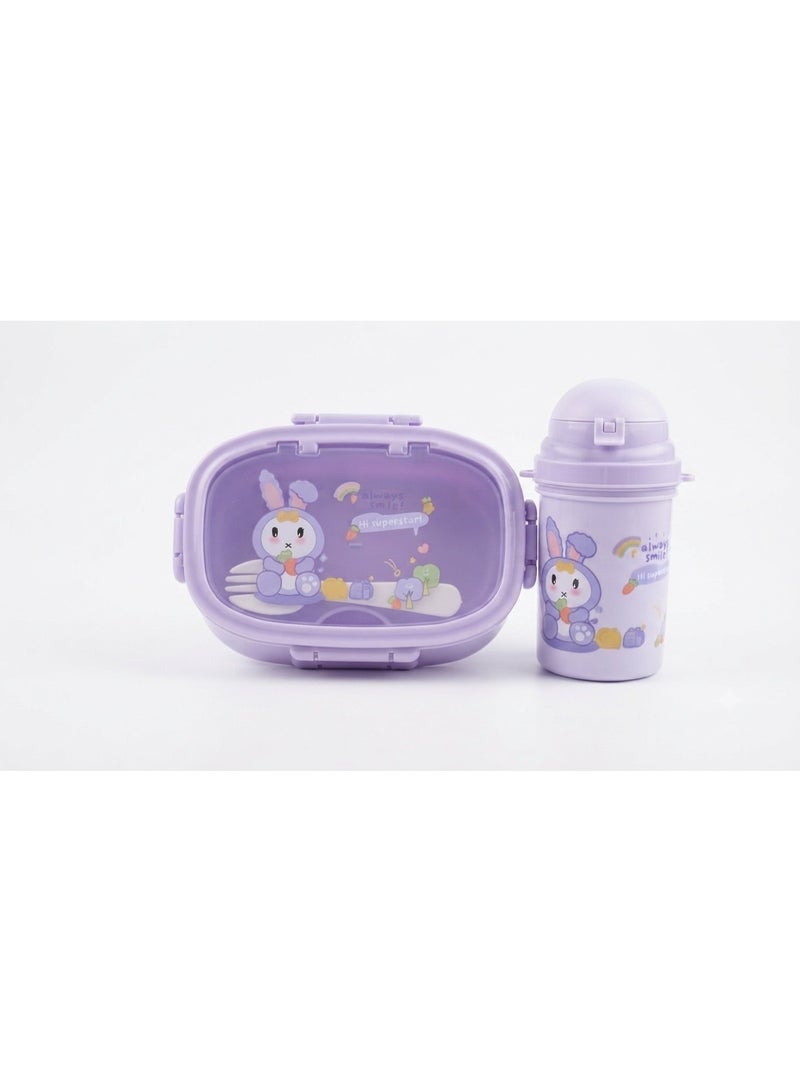 Children's lunchbox with water bottle (Mauve school lunchbox set with cute bunny design and eating utensils). - Image 2